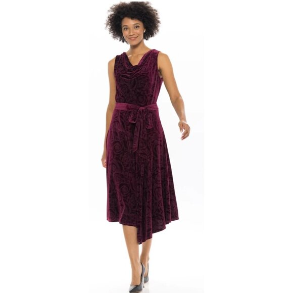 Donna Ricco Cowl Neck Purple Velvet Floral Sleeveless Belted Midi Dress 4 NWOT - Picture 1 of 10